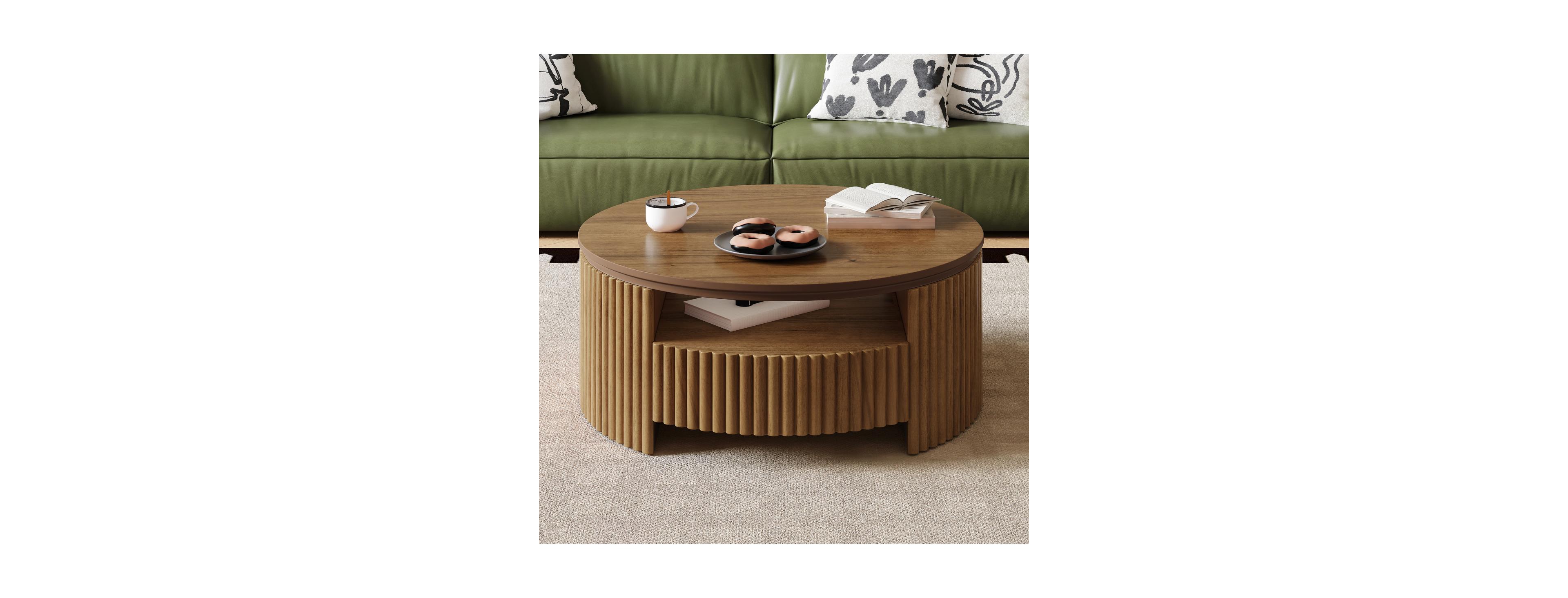 Streamdale Furniture Fluted Round Solid Wood Coffee Table with Storage