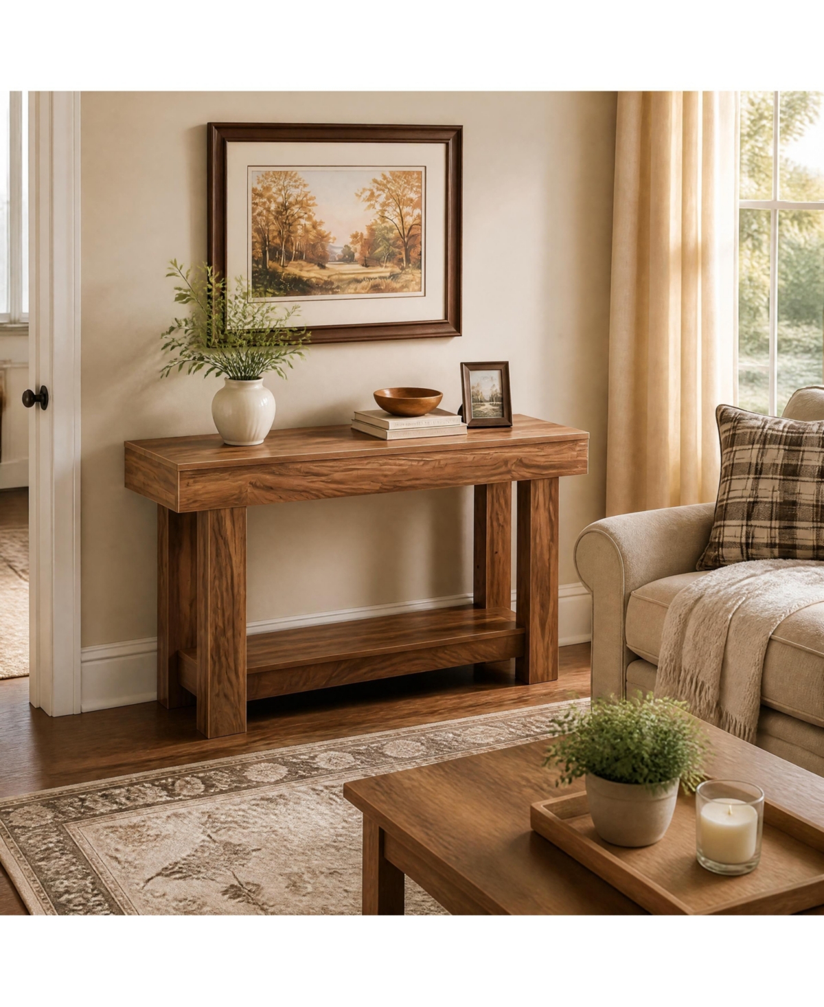 homfan 63" Farmhouse Console Table, Engineered Wood, 2-Tier Narrow Sofa Table with Storage Shelf for Entryway Hallway Living Room - Yellow