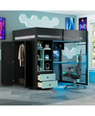 Solid Wood Full Loft Bed with Desk, Storage, Wardrobe and LED