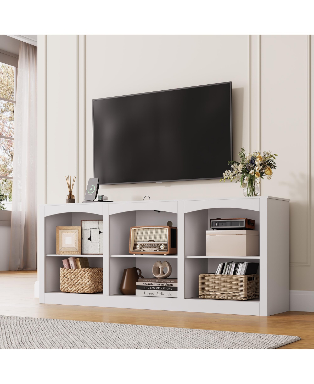 gaomon Tv Cabinet with Power Outlet, Modern Compact Tv Stand, Sturdy Multifunctional Media Console - White