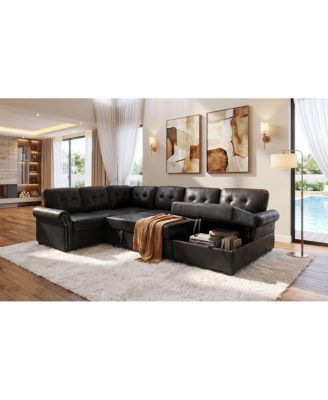 Faux Leather U Shape Sleeper Sectional Sofa with Storage Chaise