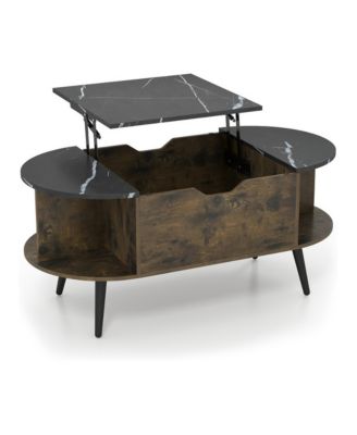 Faux Marble Lift Top Coffee Table with Hidden Compartment and Side Shelves