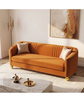 Modern Orange Velvet 3-Seat Sofa with Gold Legs