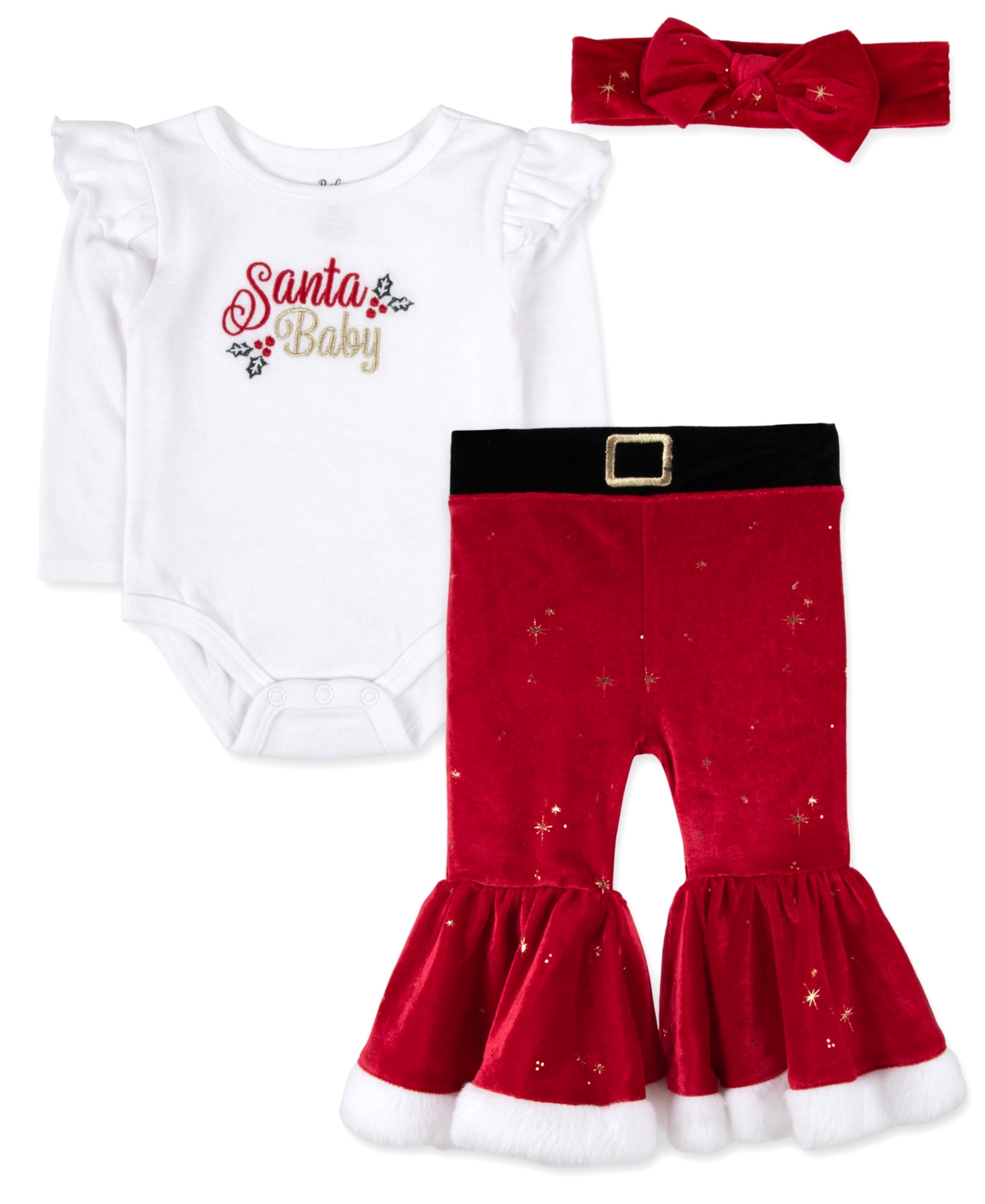 Baby Essentials Baby Girls' Santa Baby Bell Holiday Long-Sleeve Bodysuit, Pants and Bow Headband, 3-Piece Set - Red