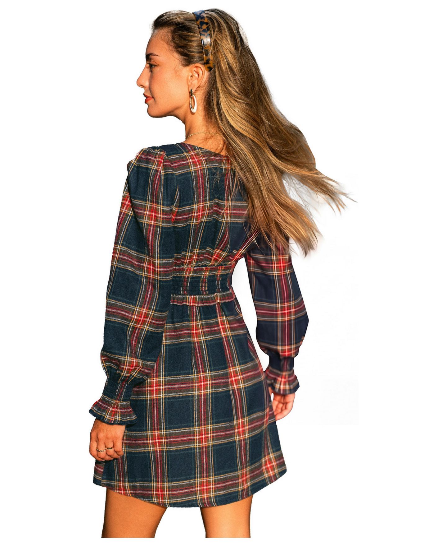 Женское платье Cupshe Staying Curious V-Neck Long-Sleeve Smocked-Waist Mini, цвет: Тёмный синий — фото 2