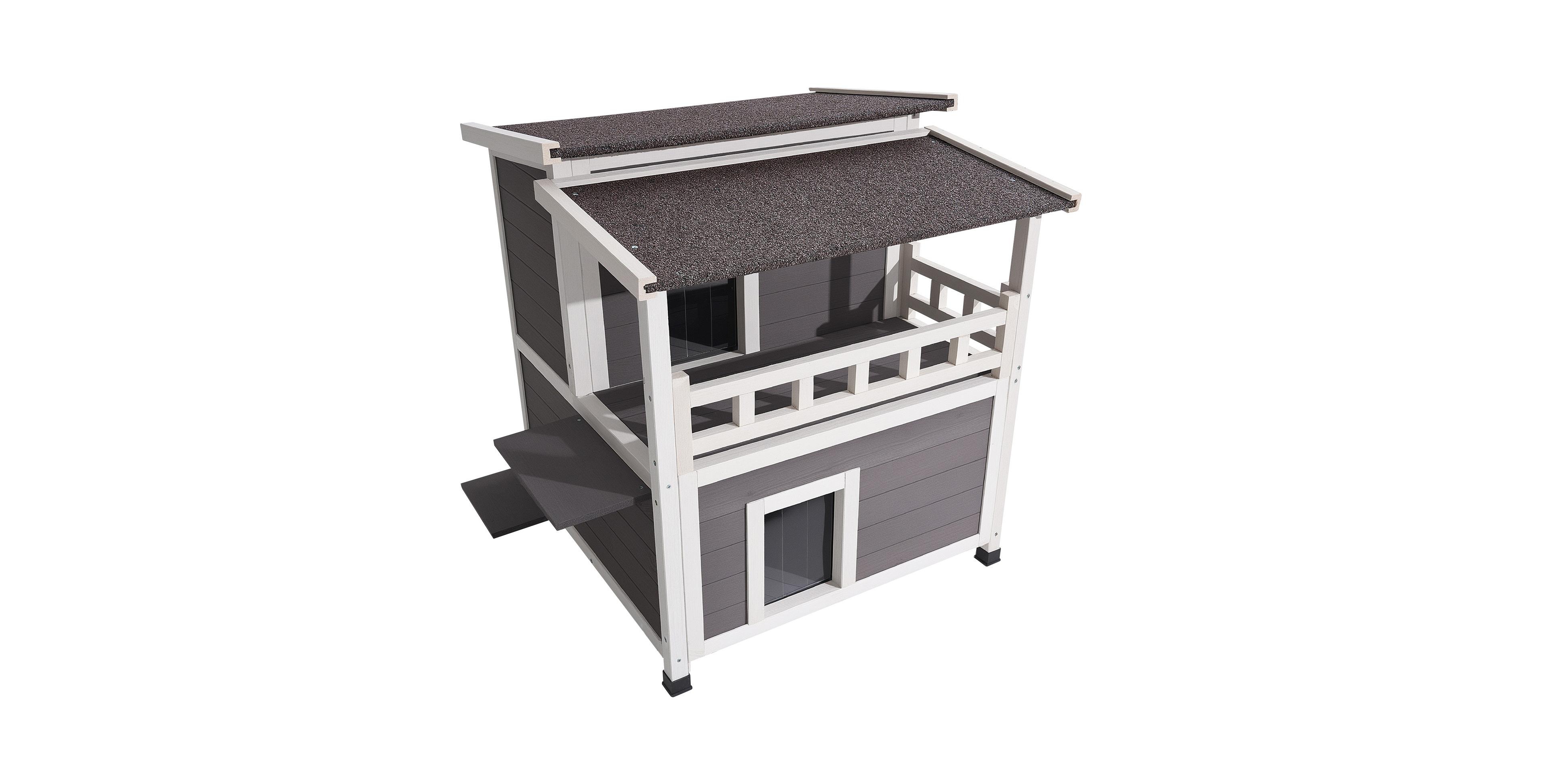Sugift 2-Story Insulated Wooden Cat House with Balcony for 1-3 Indoor Outdoor Cats 33 x 29.5 x 32 in