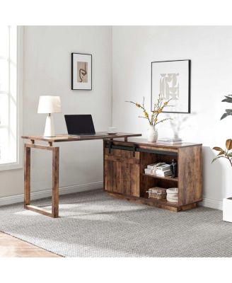  L-Shaped Distressed Wood Home Office Desk with Barn Door Credenza