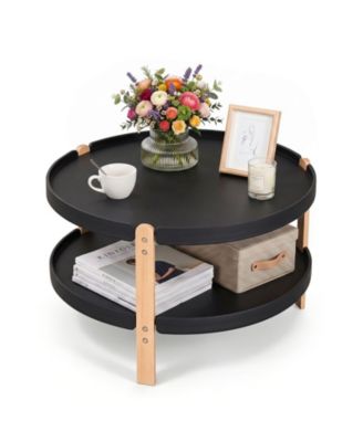 23.5-Inch Round Coffee Table with Wood Legs and Open Storage Shelf