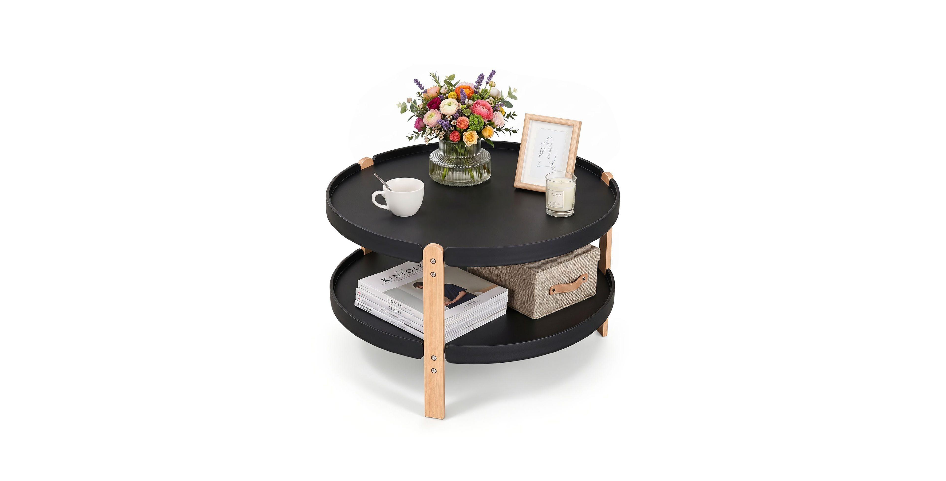 Sugift 23.5-Inch Round Coffee Table with Wood Legs and Open Storage Shelf