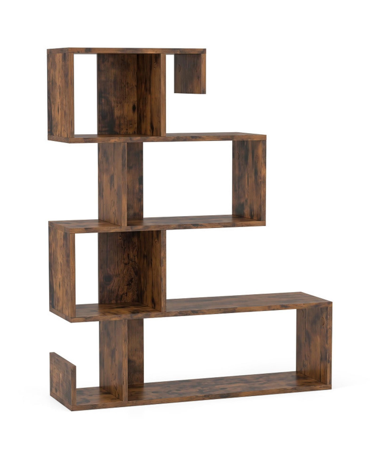Gouun 5-Tier S-Shaped Geometric Bookshelf with Graduated Open Cubes - Brown