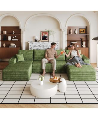  134" U-Shaped Modern Cloud Sectional Sofa, Green Corduroy