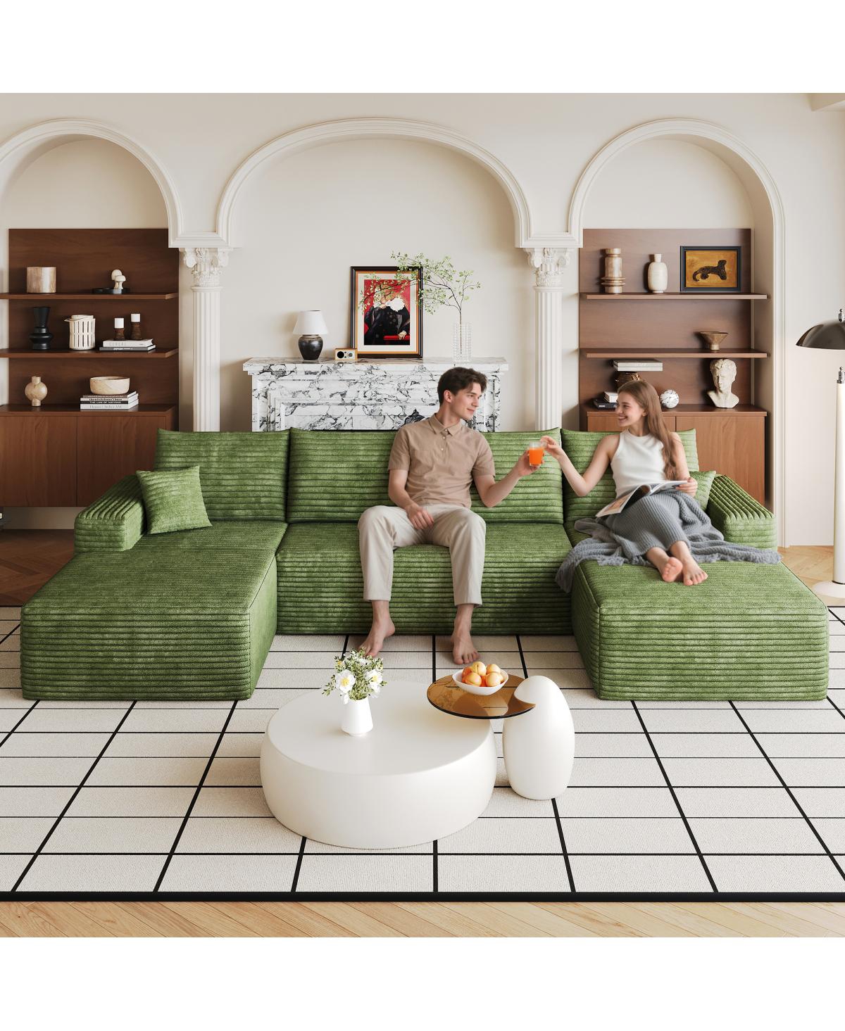 Streamdale Furniture 134" U-Shaped Modern Cloud Sectional Sofa, Green Corduroy - Green