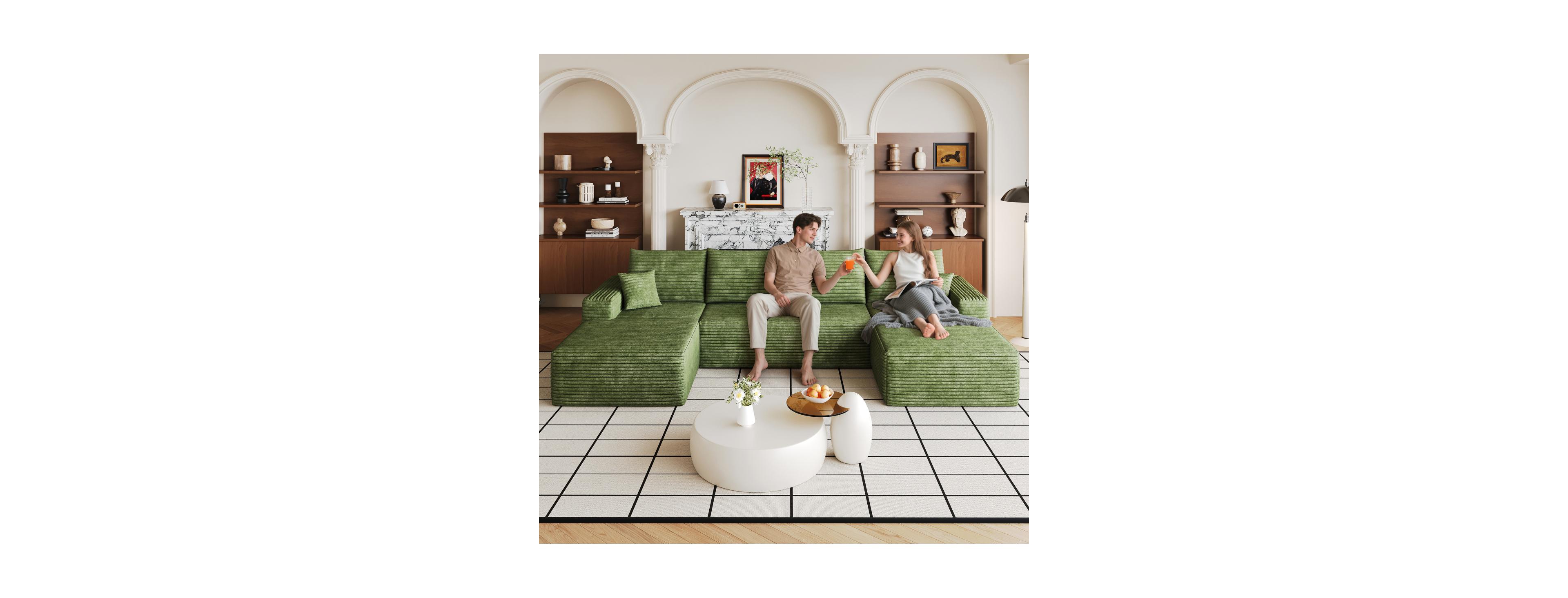 Streamdale Furniture 134" U-Shaped Modern Cloud Sectional Sofa, Green Corduroy