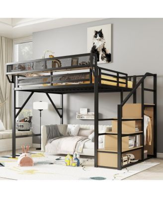 Metal Queen Size Loft Bed with Stairs and Wardrobe