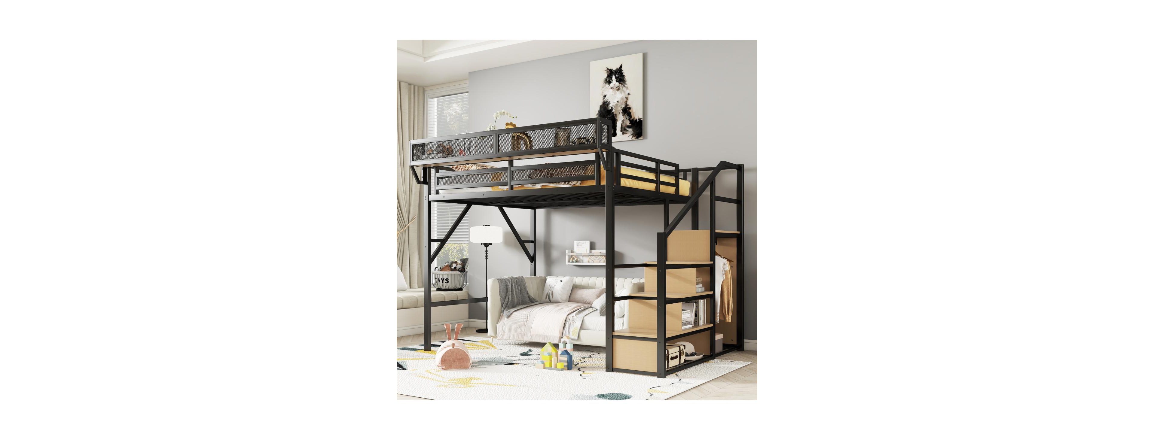 Streamdale Furniture Metal Queen Size Loft Bed with Stairs and Wardrobe
