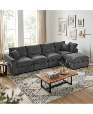130.3" Modular 4-Seater Chenille Sectional Sofa with Ottoman