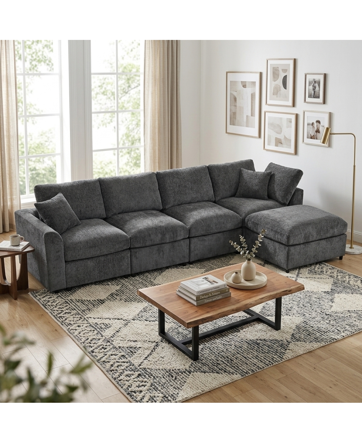 Streamdale Furniture 130.3" Modular 4-Seater Chenille Sectional Sofa with Ottoman