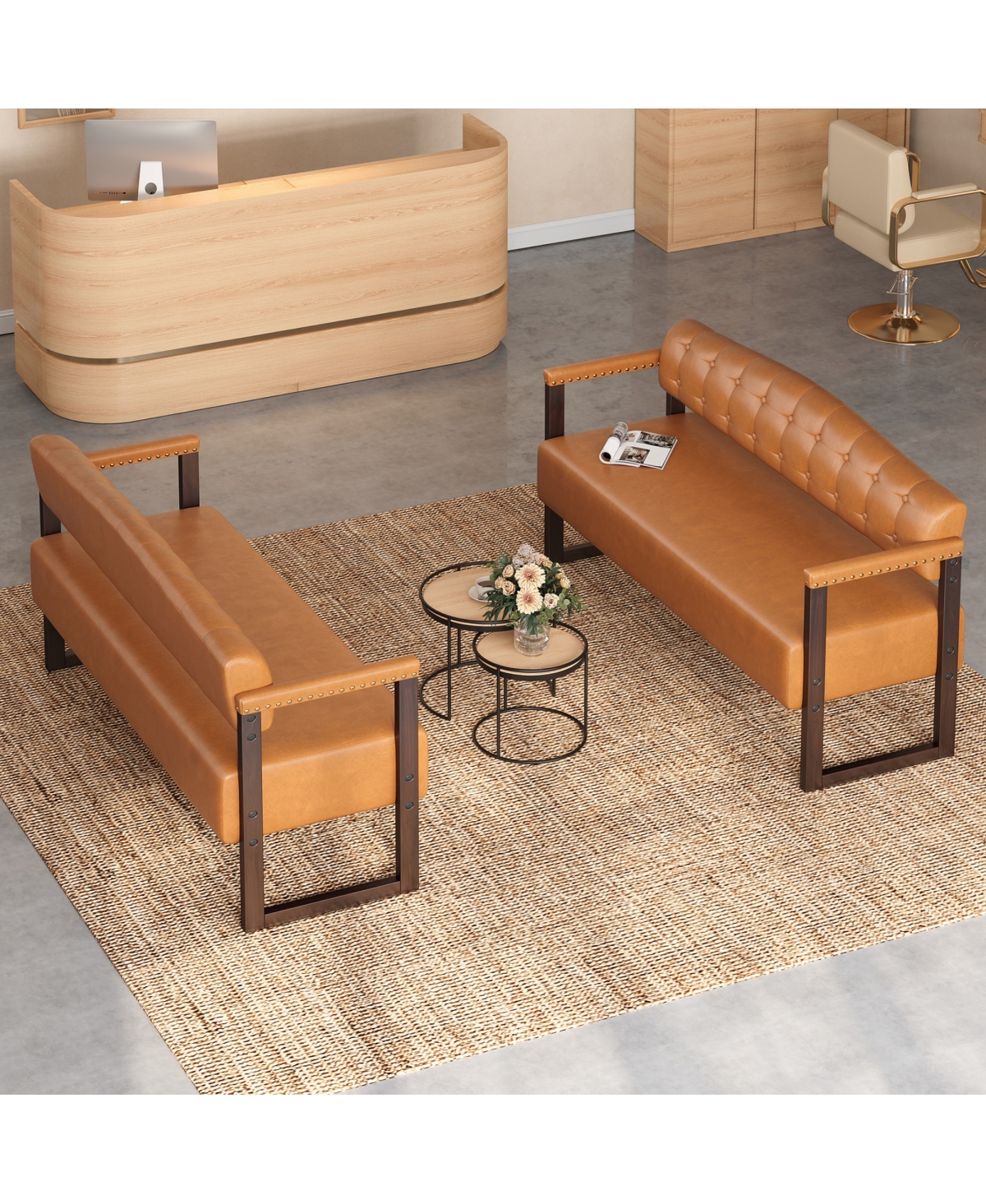 Streamdale Furniture 2-Piece Mid-Century Modern Pu Leather Waiting Room Bench Set - Dark brown