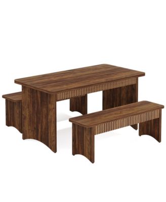 3 Piece Kitchen Table Set with 2 Benches for Family Dining Area-Brown