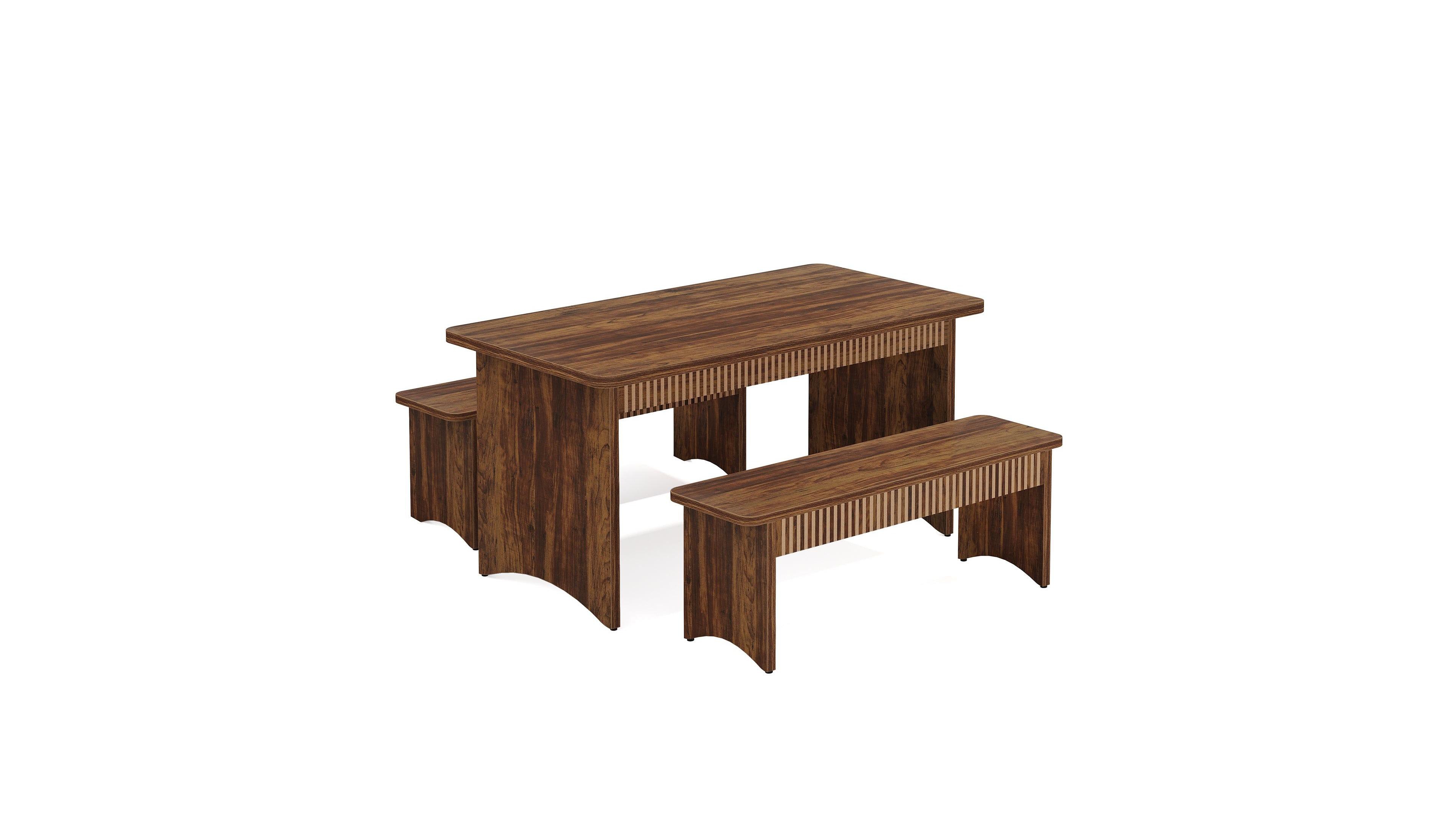 Slickblue 3 Piece Kitchen Table Set with 2 Benches for Family Dining Area-Brown