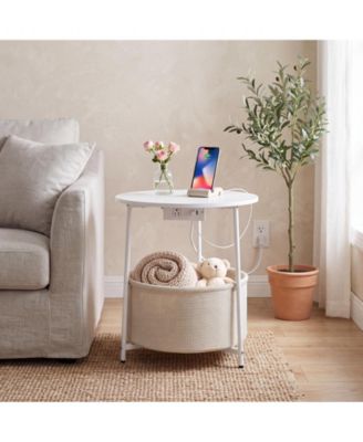 Round End Side Table with Charging Station, Removable Woven Storage Basket, Metal Frame Nightstand for Bedroom Living Room