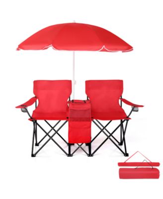 2-Seat Outdoor Folding Chair with Removable Umbrella for Beach, Camping and Fishing