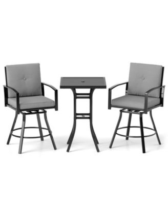 3-Piece Patio Swivel Bar Set with Umbrella Hole and Padded Cushions Chair