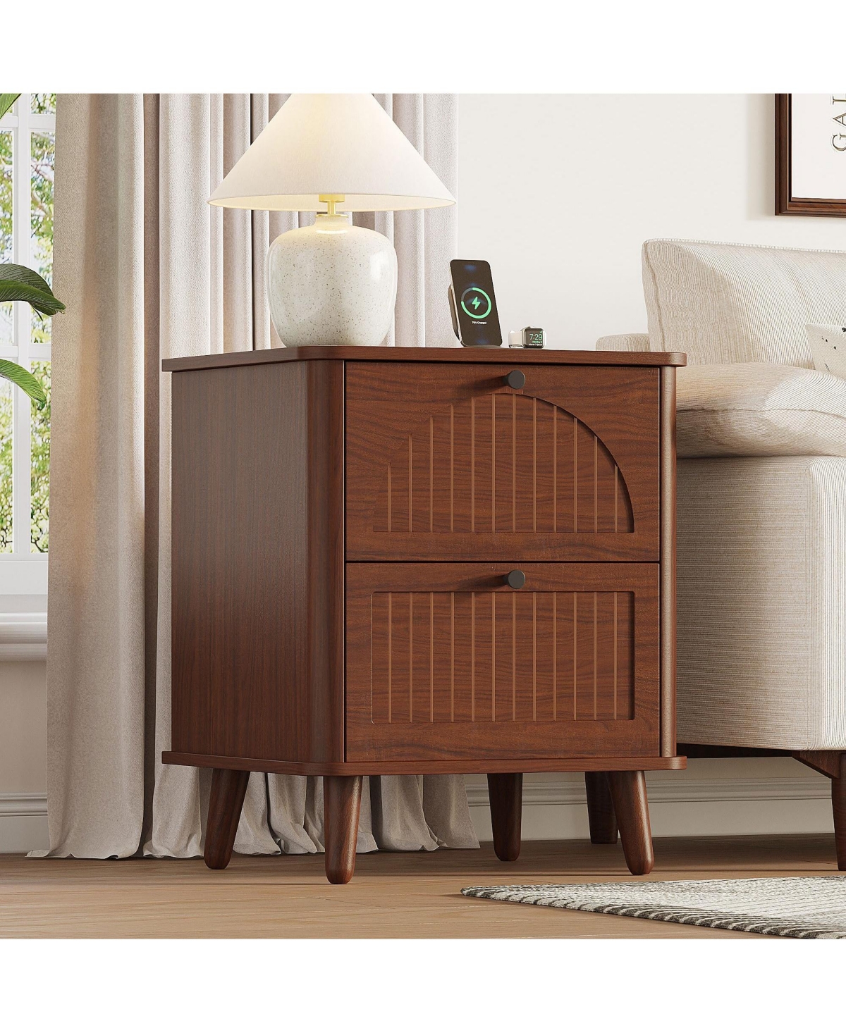 Vabches Farmhouse Nightstand with Charging Station and 2 Drawer