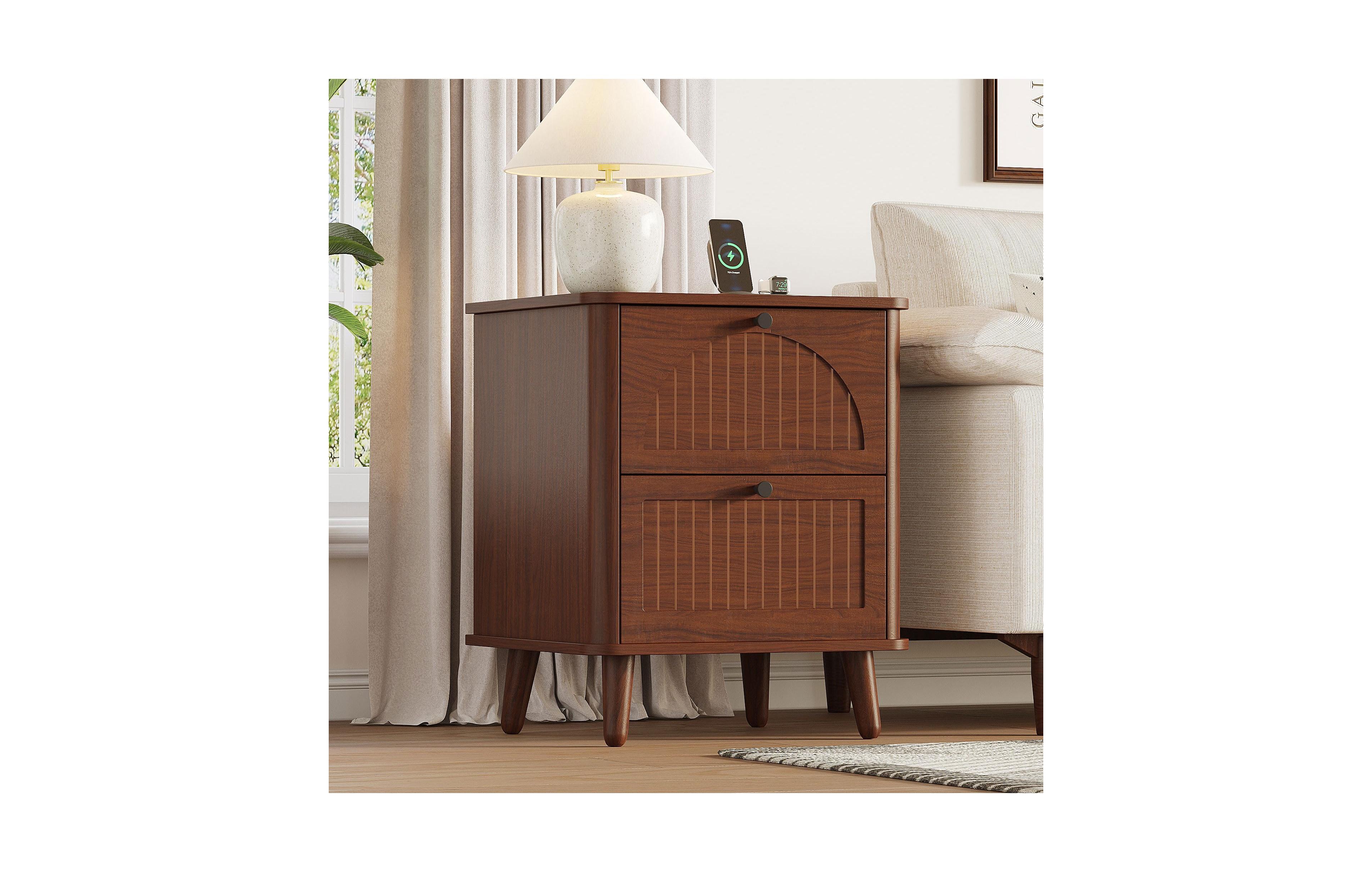 Vabches Farmhouse Nightstand with Charging Station and 2 Drawer