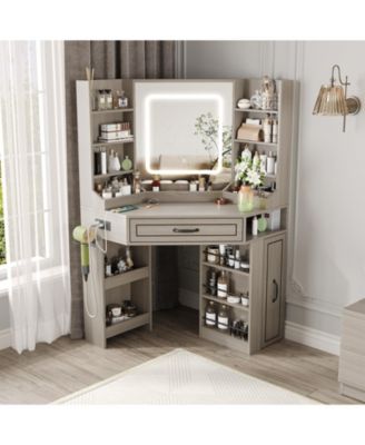 Makeup Vanity Desk Corner Vanity Desk with Charging Station 3 Lighting Modes and Adjustable Brightness
