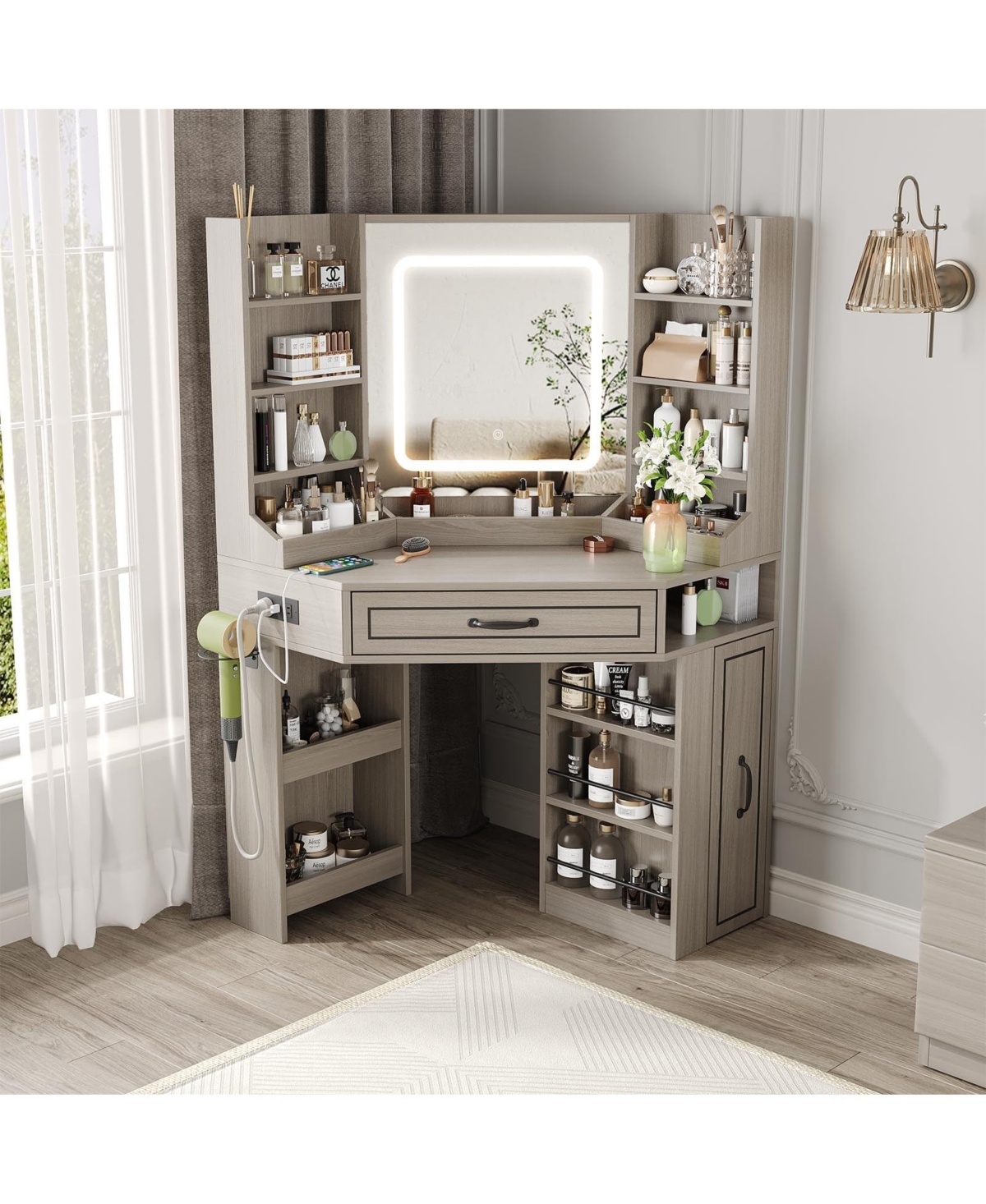 Vabches Makeup Vanity Desk Corner Vanity Desk with Charging Station 3 Lighting Modes and Adjustable Brightness