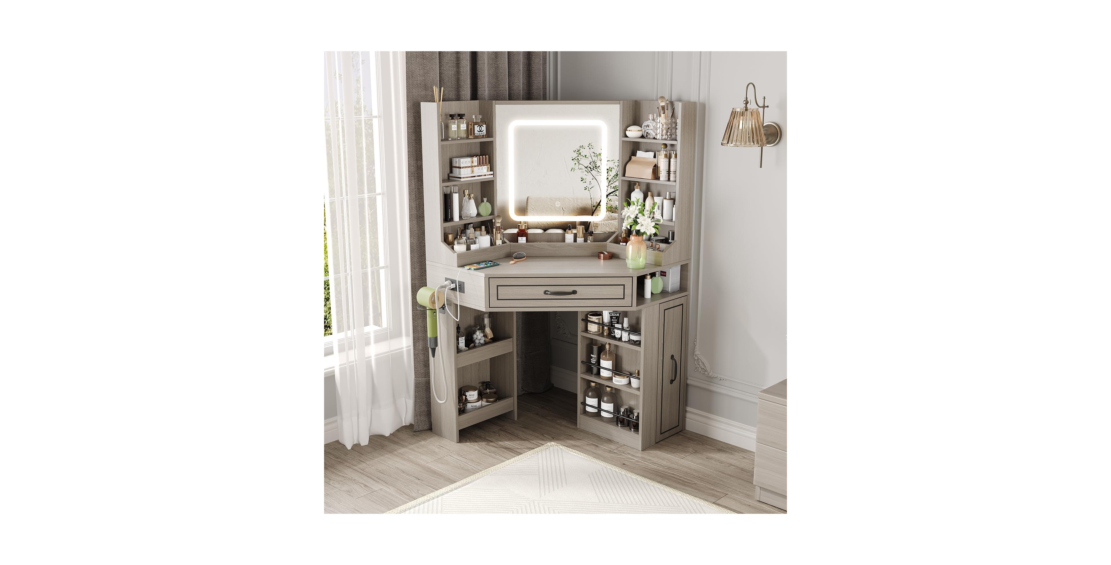 Vabches Makeup Vanity Desk Corner Vanity Desk with Charging Station 3 Lighting Modes and Adjustable Brightness