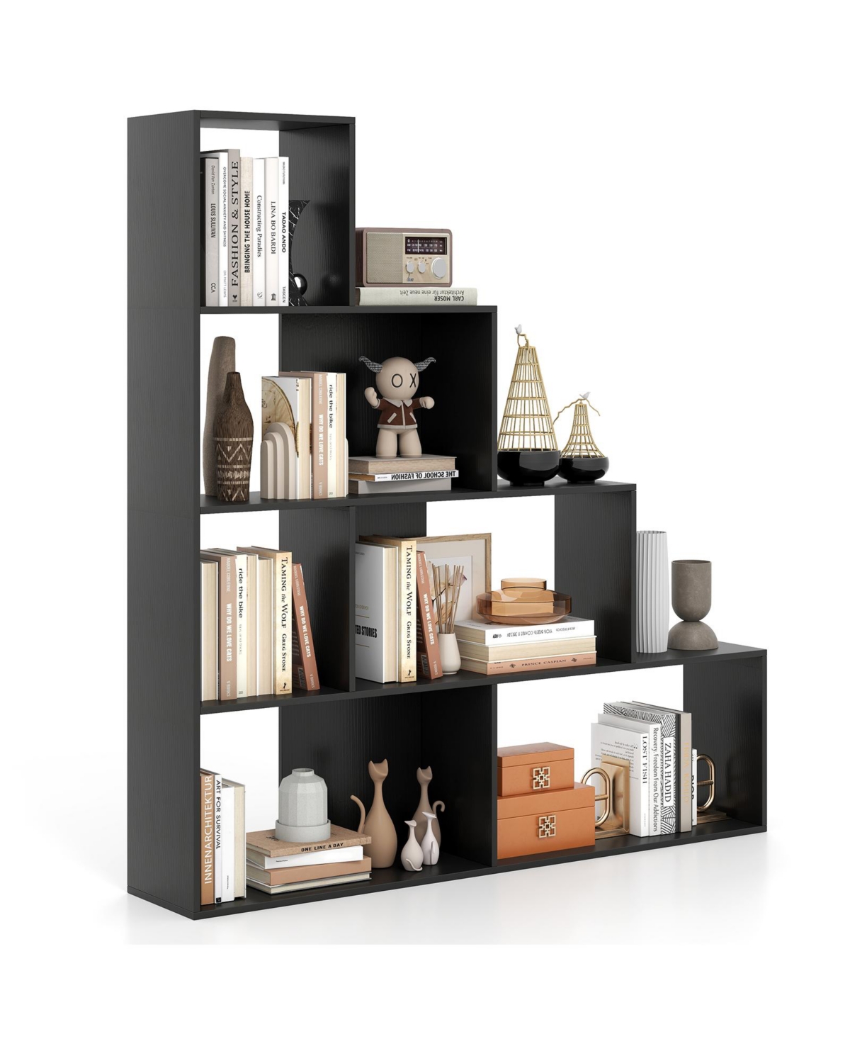 Mecale 64 Inch 4-Tier 6-Cube Engineered Wood Modern Stepped Freestanding Bookshelf