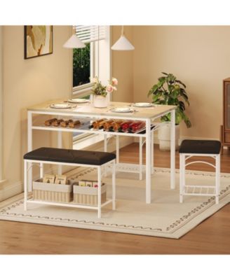 4 Piece Dining Table Set, Wood Look Particleboard Top, White Metal Frame, Padded Backless Stools with Storage for Small Spaces