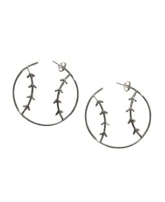 Rhodium-Plated Sterling Silver Baseball Hoop Earrings
