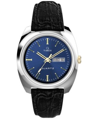 Men's Quartz Analog Q Timex Black Leather Watch 38mm