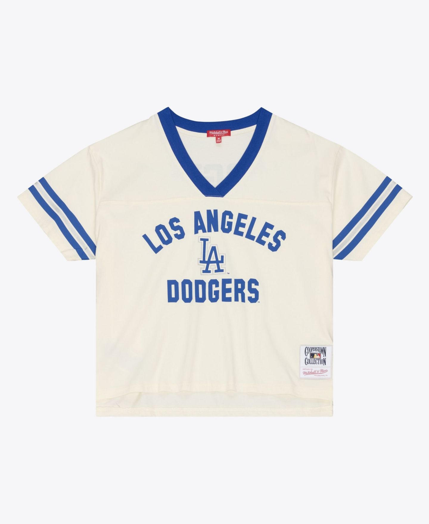 Женская футболка Mitchell & Ness Cream Los Angeles Dodgers Cooperstown Collection Retro Roots Crop Boxy Yoke — фото 4