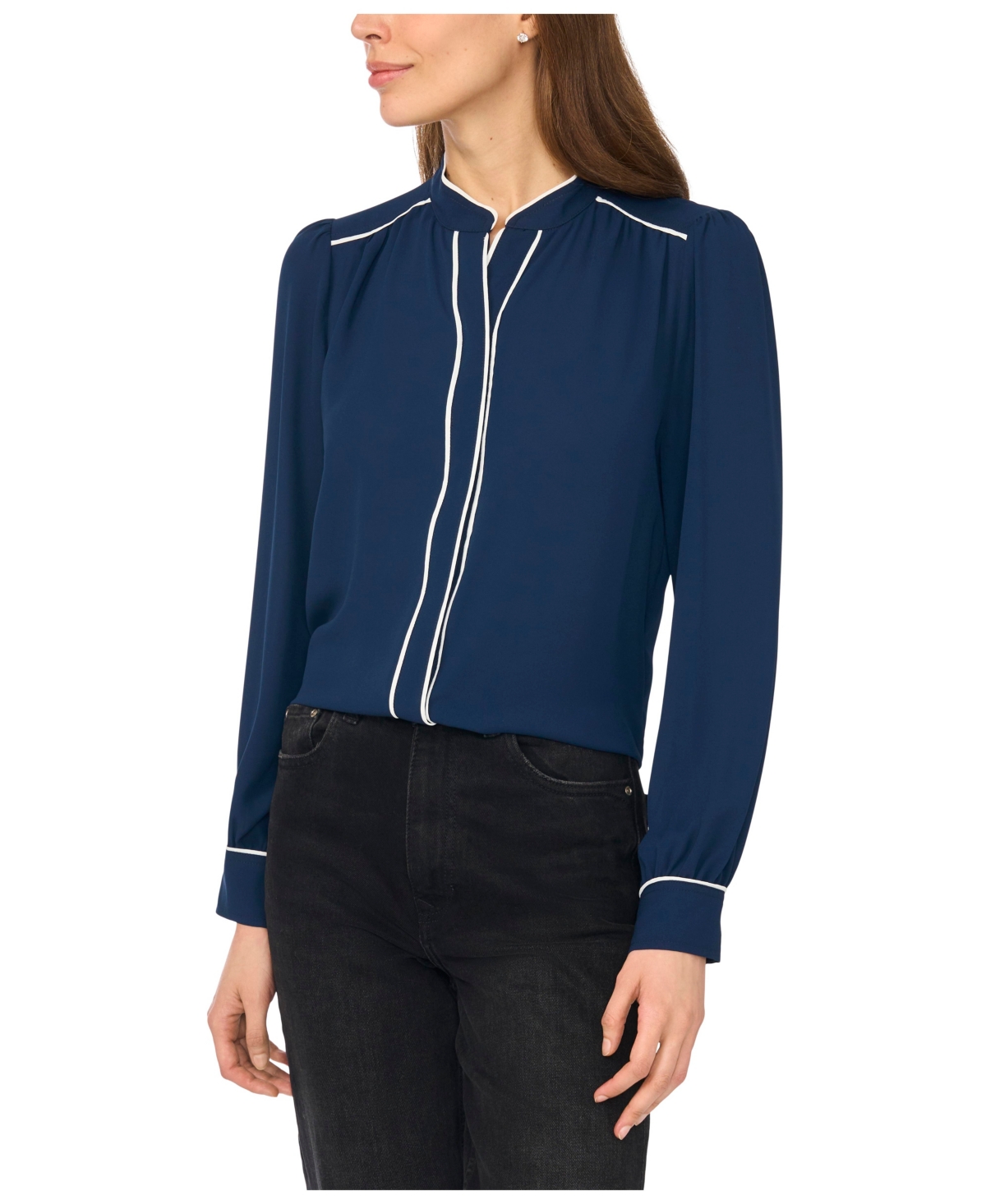 CeCe Women's Long-Sleeve Open-Collar Blouse with Contrast Piping