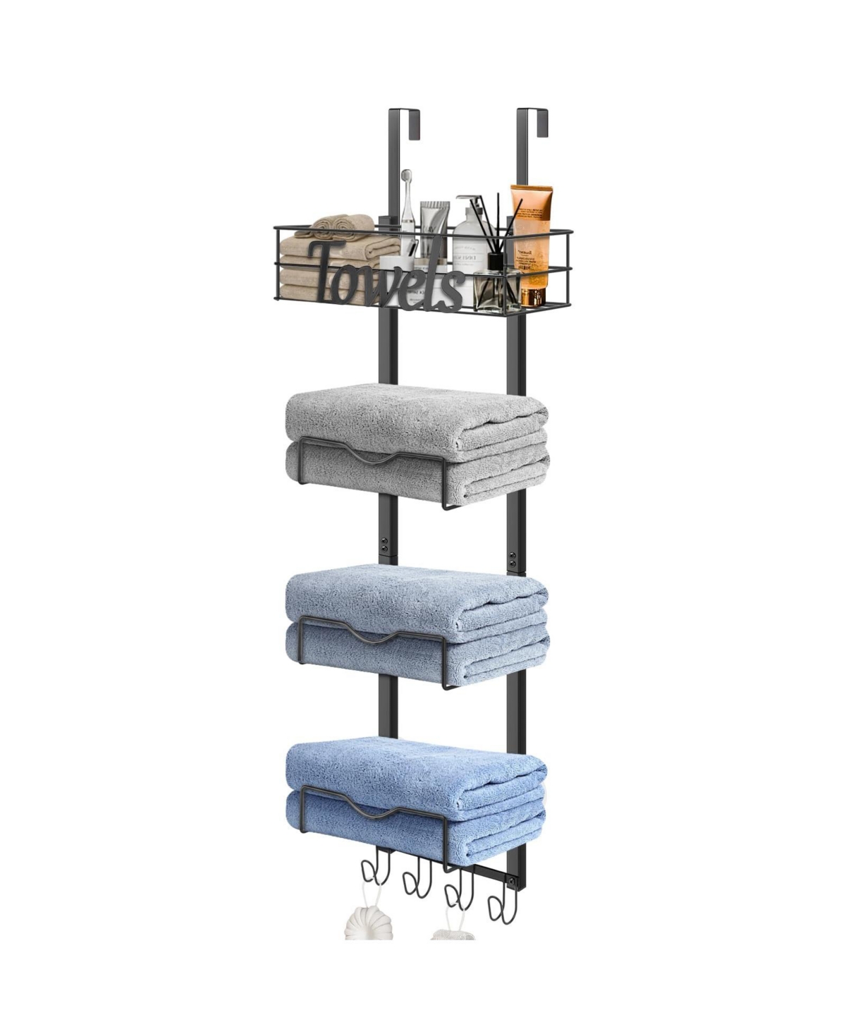 Cyqbd Bathroom Hardware 5 Tier Over Door Towel Rack Basket Hooks No Drill - Matte black