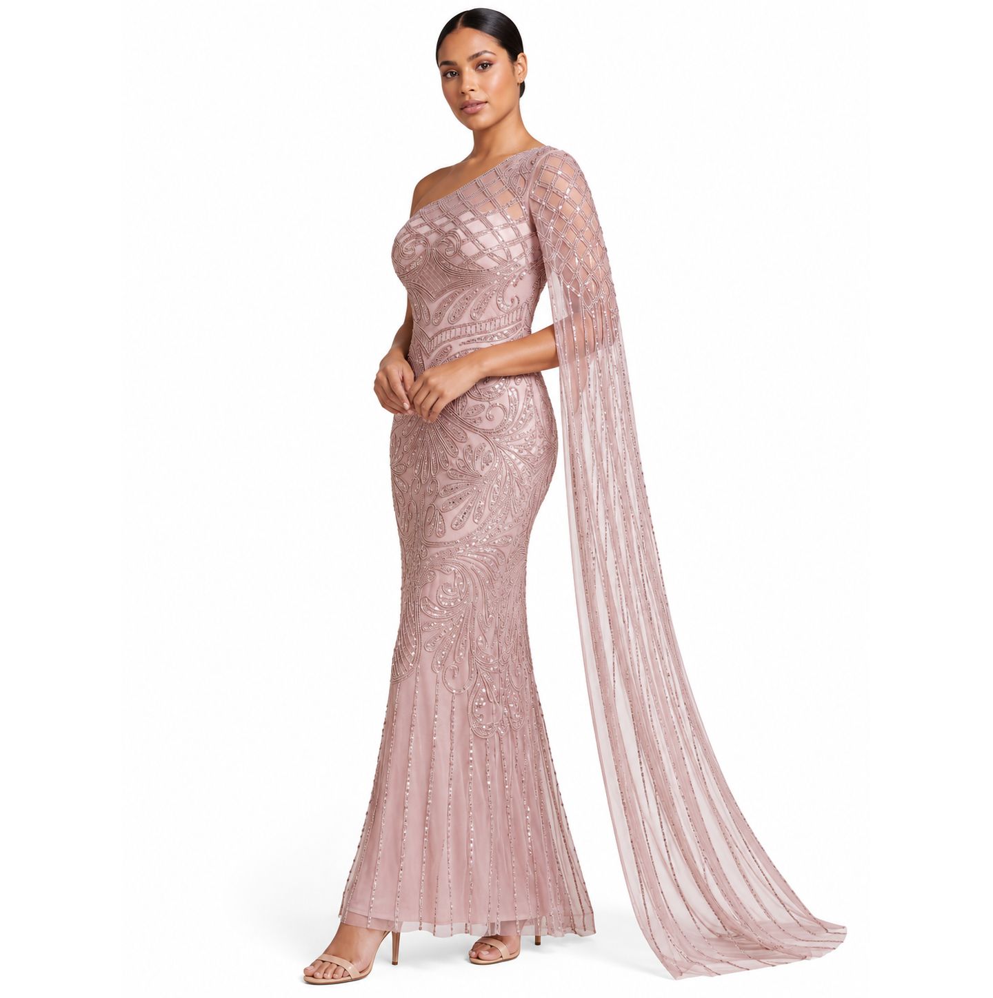 Женское платье Lara One Sleeve Beaded Gown, цвет: Пудровый — фото 3