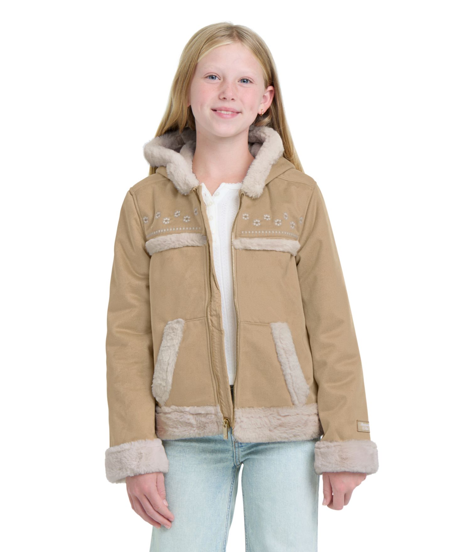 Куртка abercrombie kids AFG Embroidered Jacket With Faux-Fur Trim для девочек, цвет: Бежевый — фото 1