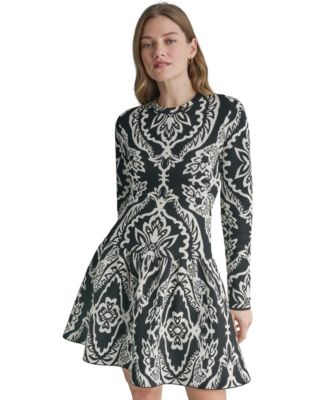 Women's Jacquard Drop Waist Long-Sleeve Crewneck Mini Dress