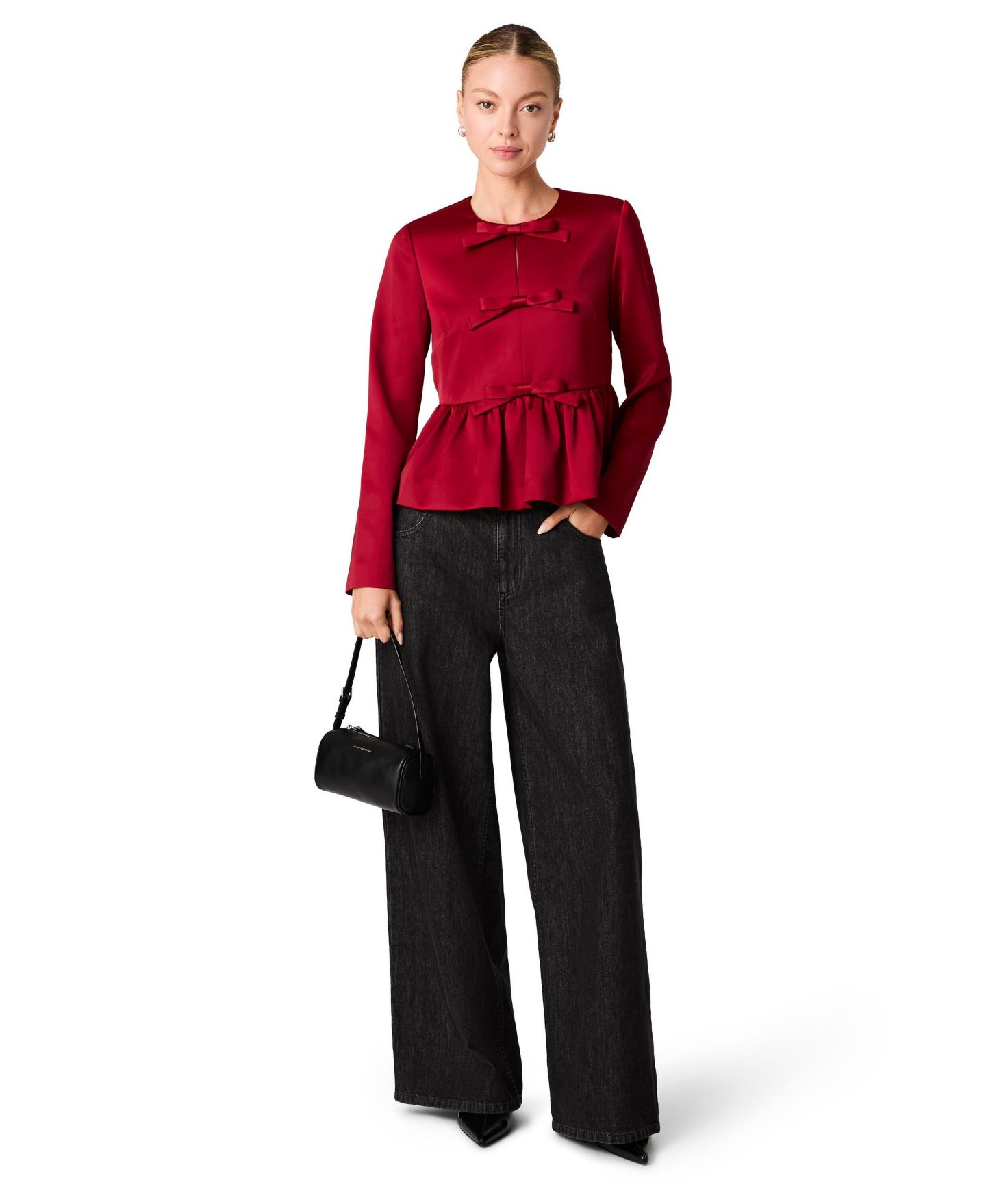 Женский топ French Connection Carey Satin Peplum Bow Long-Sleeve, цвет: Клюквенный — фото 2
