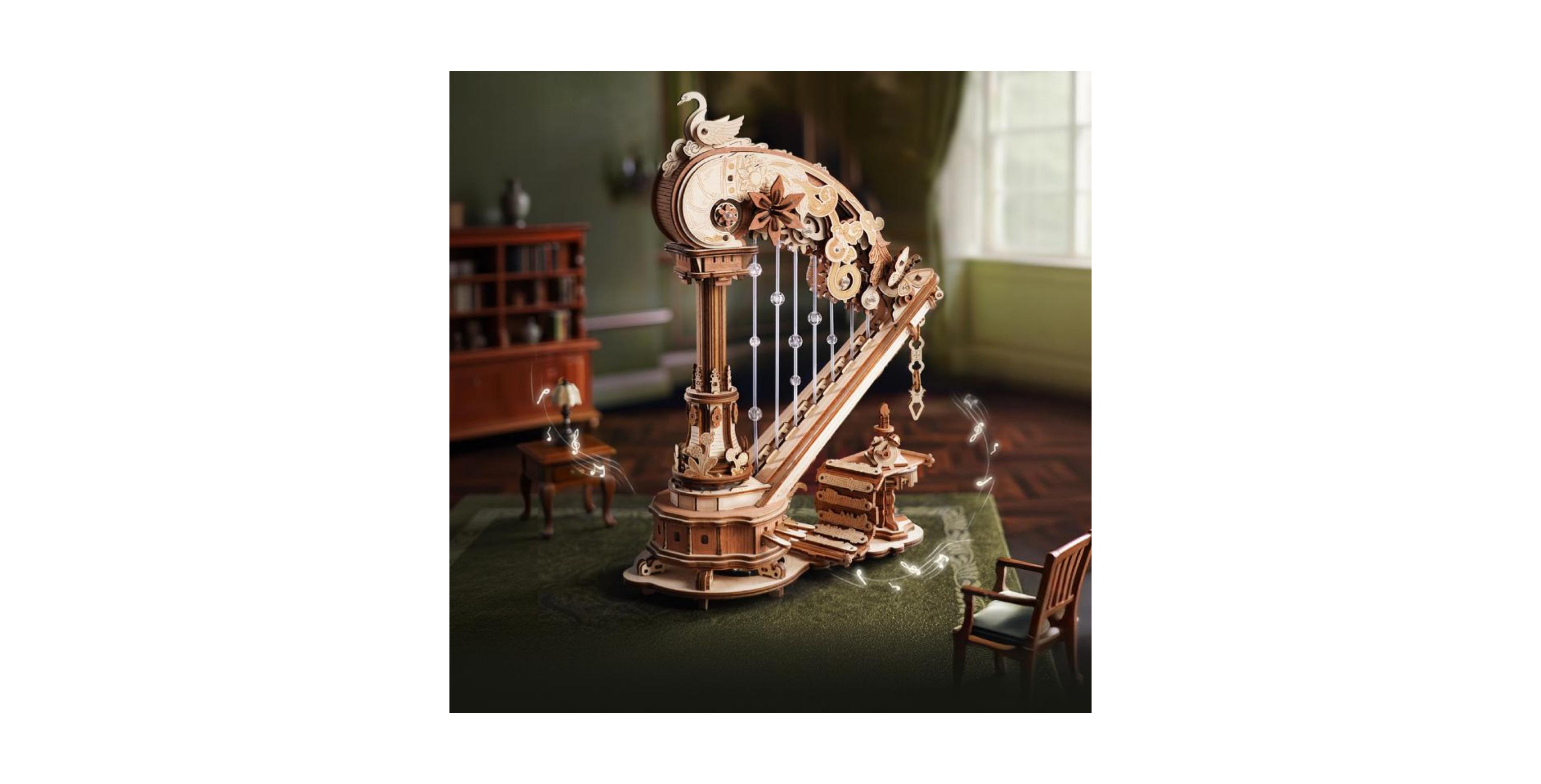 Robotime Magic Harp 3D Wooden Puzzle Self-Playing Music Box, 350-Piece Building Set, Ages 14+