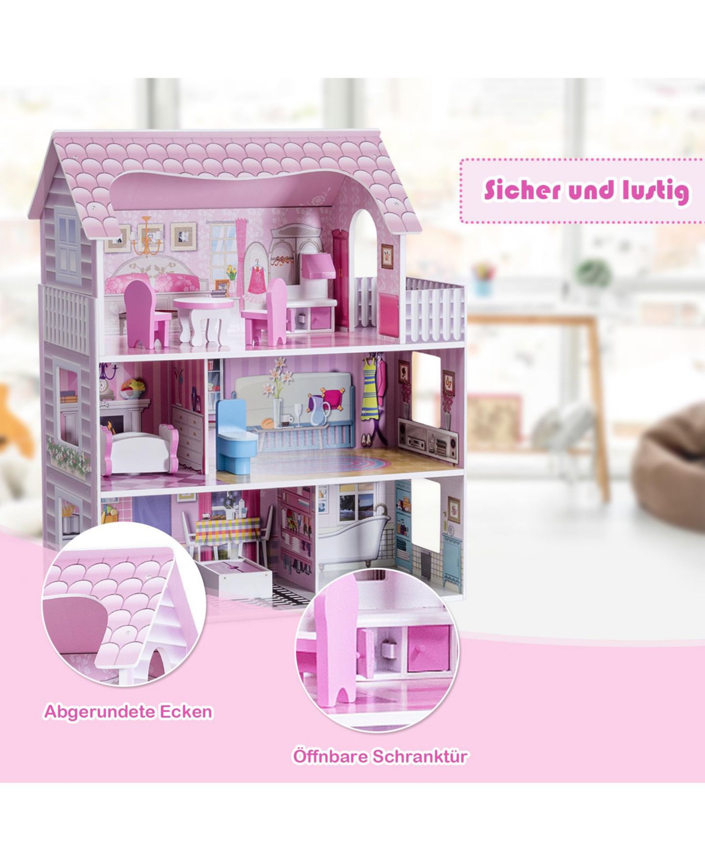 Детские аксессуары для кукол Mecale 28-in 3-Level Dollhouse with 5 Themed Rooms and 8 Furniture Pieces, Ages 3+, цвет: Розовый — фото 8