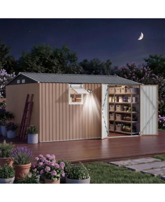 10x12 FT Reinforced Outdoor Storage Shed, Metal Garden Shed with Lockable Double Doors, Window, Solar LED Light and Air Vents