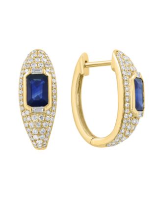 Diamond and Emerald-Cut Sapphire Huggie Earrings (5/8 ct. t.w. Diamond, 1-1/3 ct. t.w. Sapphire) in 14k Yellow Gold