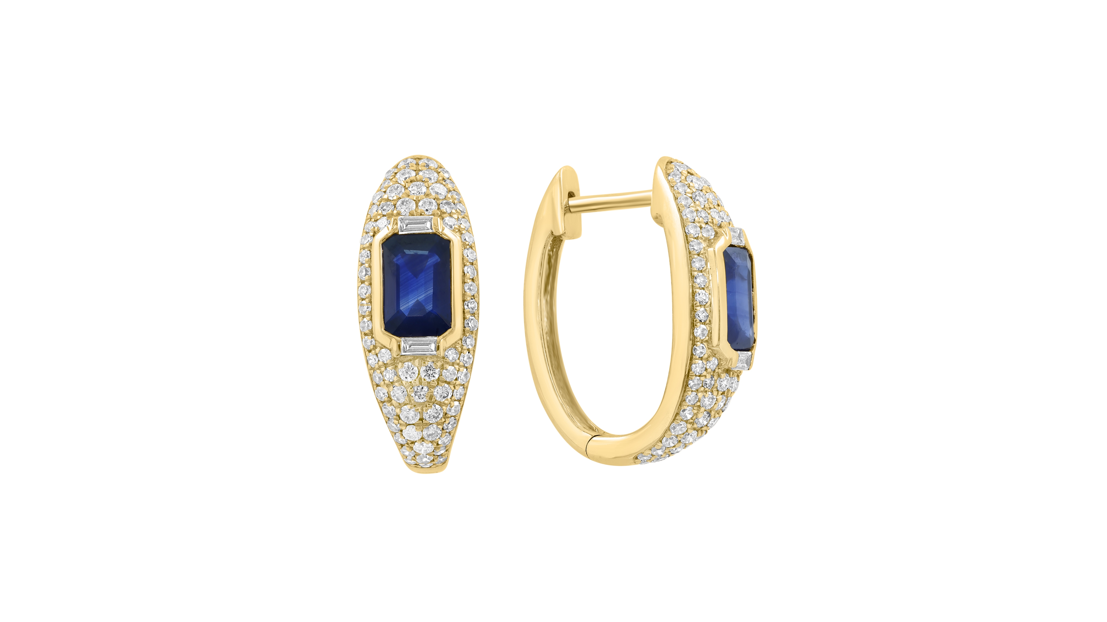 Effy Collection Diamond and Emerald-Cut Sapphire Huggie Earrings (5/8 ct. t.w. Diamond, 1-1/3 ct. t.w. Sapphire) in 14k Yellow Gold