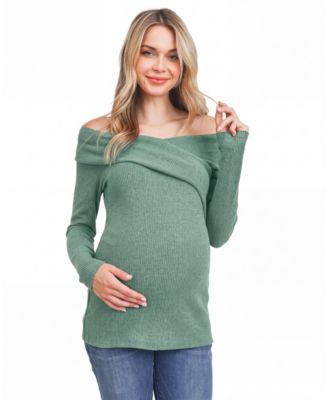 Maternity Two-Tone Off-the-Shoulder Long-Sleeve Sweater