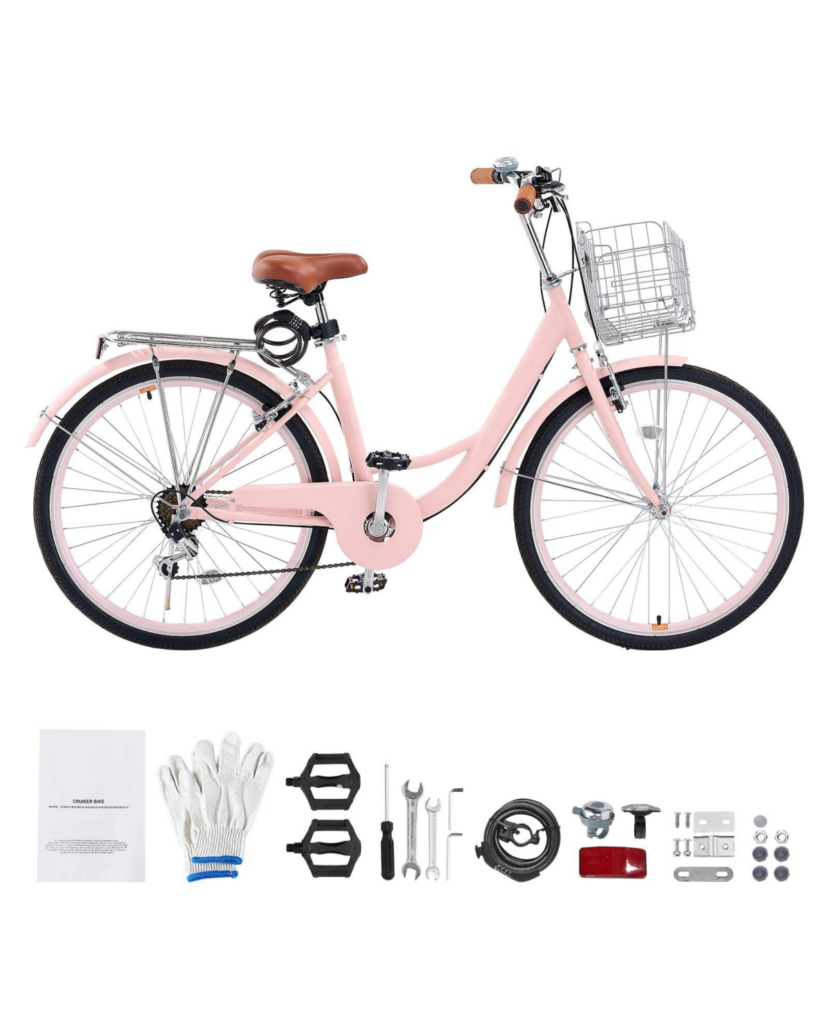 Sugift 26-Inch Beach Cruiser Bike with 7-Speed, Basket and Rear Rack